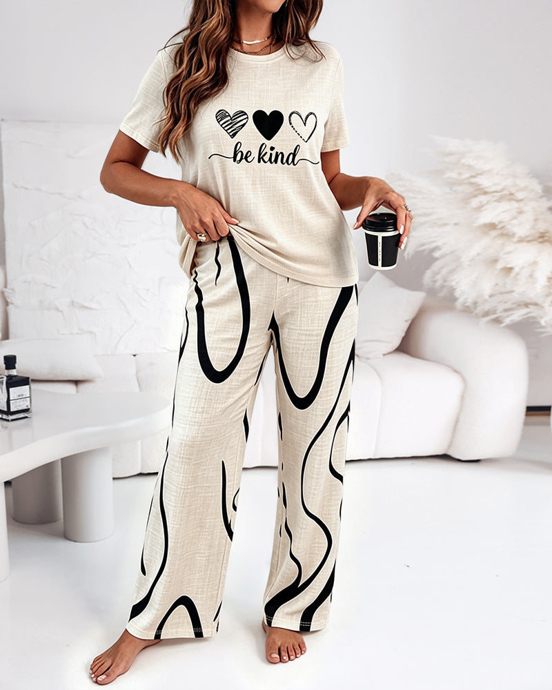 Damen 2-teiliger Schlafanzug mit Herz- & Buchstaben-Oberteil und Hose mit abstraktem Druck und hoher Taille, lässige Loungewear mit Taschen
