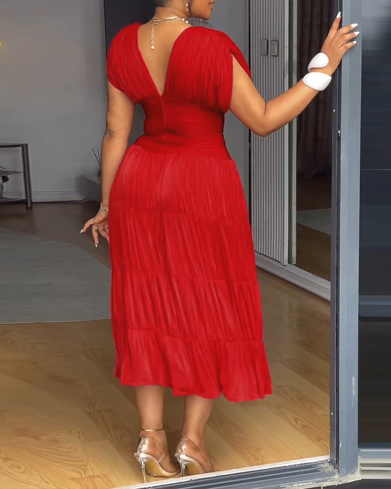 Women's Deep V-Neck Backless High Waist Ruched Ruffle Midi Dress