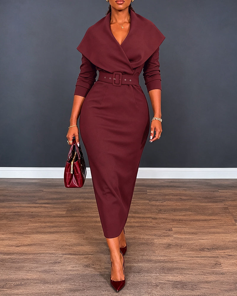 Women's Lapel Collar Wrap V-Neck Long Sleeve Slit Midi Dress with Belt
