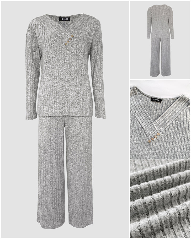 2 Pieces Outfit Button Decor V-Neck Long Sleeve Top and Elastic Waist Straight Leg Pants Set Casual Ribbed Set