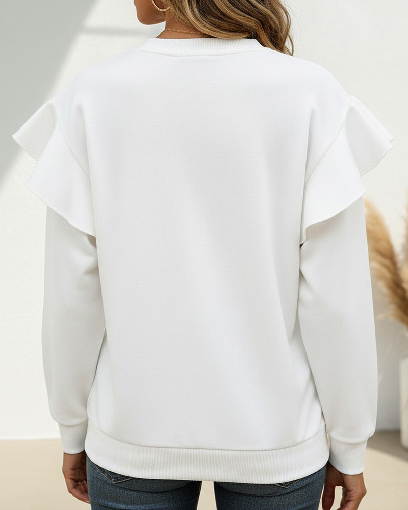 Contrast Lace Hollow-out Ruffles Long Sleeve Sweatshirt Casual Loose Fit Top