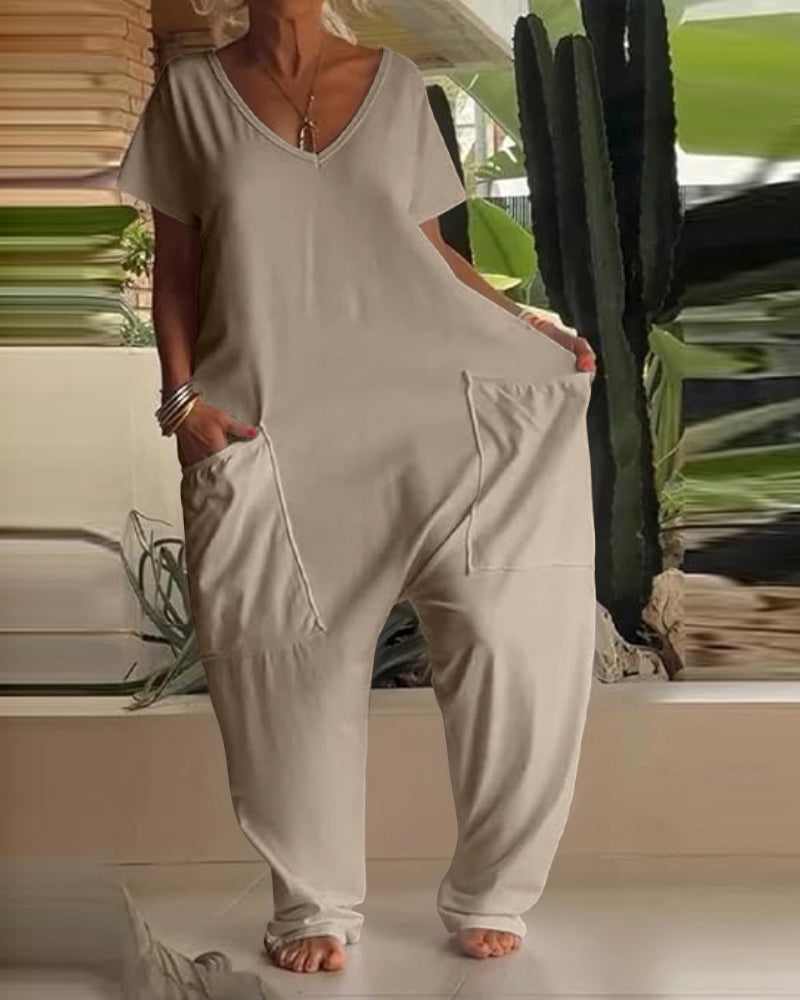 V-Neck High Stretch Tapered Drop-Crotch Casual Jumpsuit With Pockets