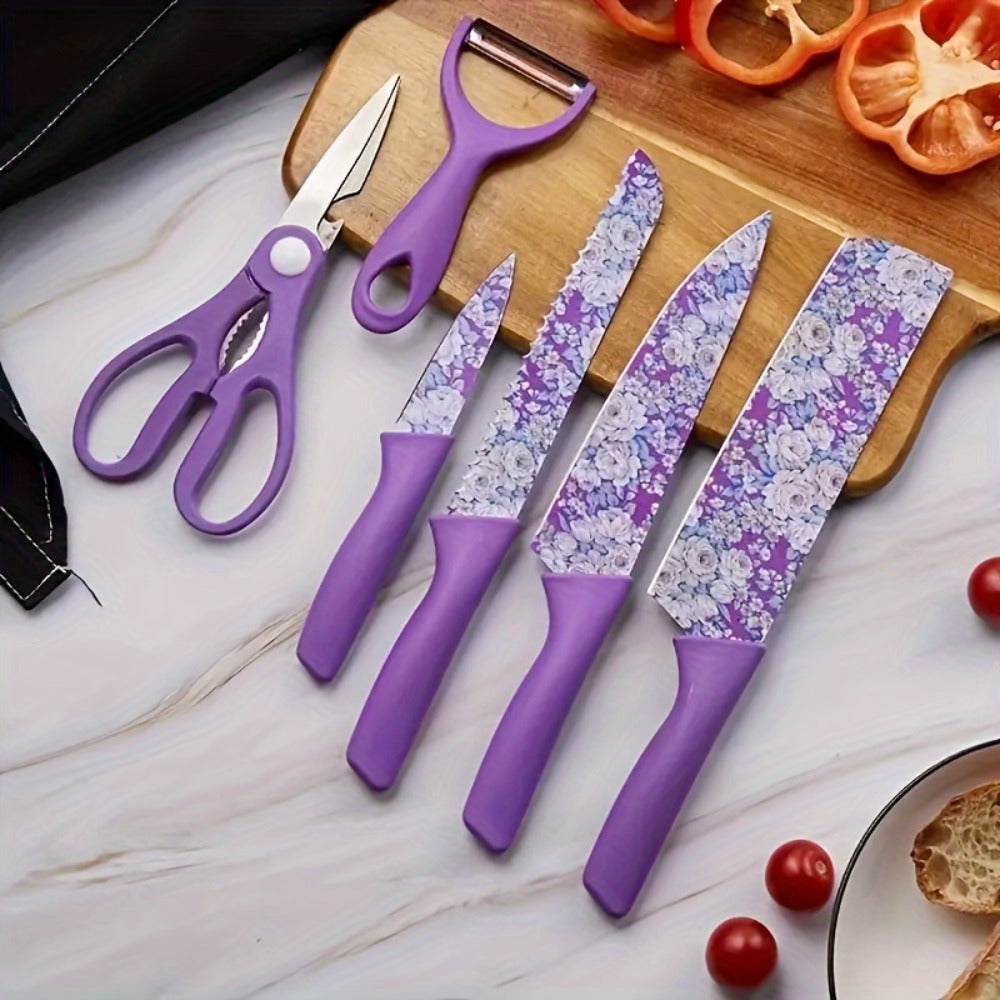 Kitchen Knife Set 6-Piece Floral High-Carbon Stainless Steel with Cleaver, Bread Knife, Shears and Peeler