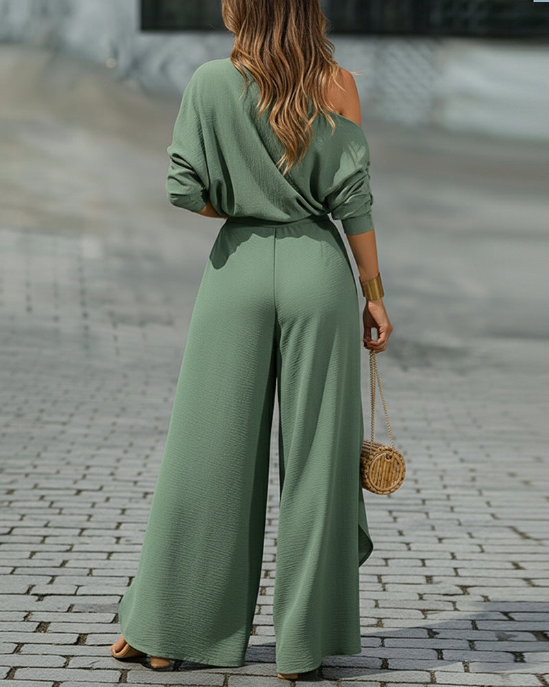 2 Pieces Outfit Cold Shoulder Ruched Batwing Sleeve Top and Casual Elastic Back Wrapped Slit Wide Leg Pants Set