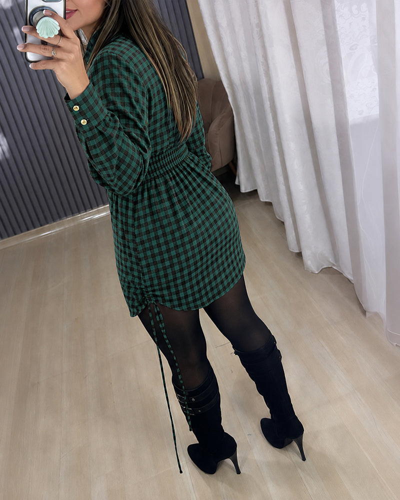 Damen Vintage Kariertes Freizeitkleid mit Kordelzug, langen Ärmeln, gerafftem Schnitt und durchgehender Knopfleiste