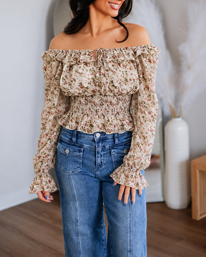 Women's Ditsy Floral Chiffon Off Shoulder Tie Front Shirred Peplum Top