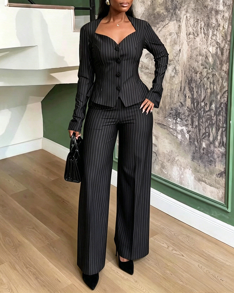 Damen-Zweiteiler mit Streifen, eleganter Peplum-Blazer mit herzförmigem Ausschnitt und High-Waisted-Hose mit weitem Bein, Business-Outfit
