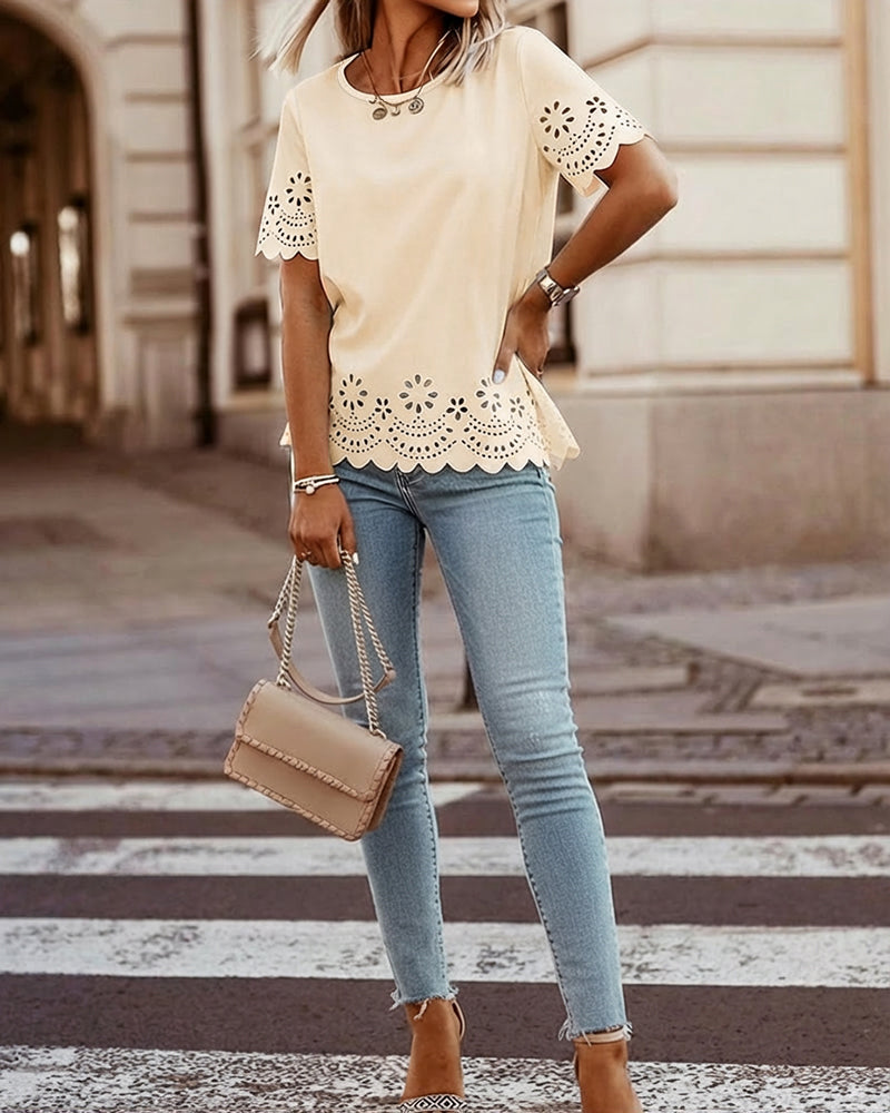 Round Neck Short Sleeve Eyelet Embroidery Tee Casual Scallop Trim Top