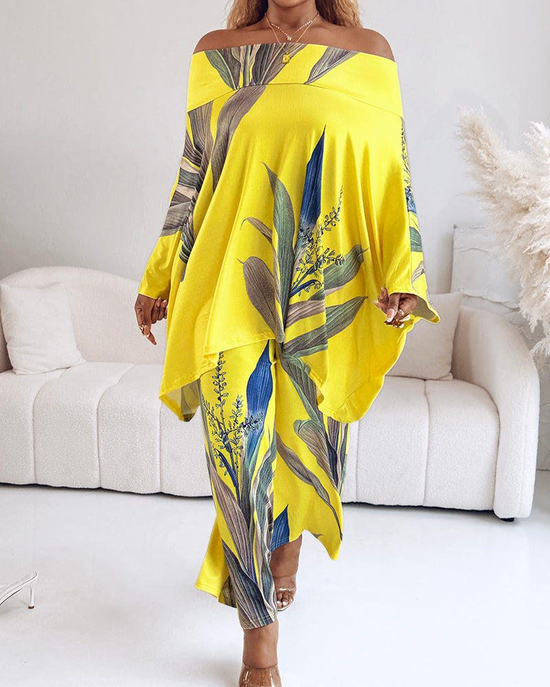 2 Pieces Outfit Plants Print Cold Shoulder Batwing Sleeve Top and Casual Wide Leg Pants Set