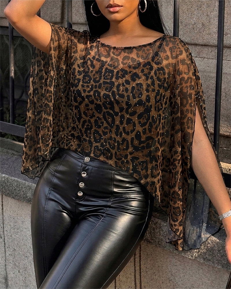 Women's 2 Piece Set Leopard Print Rhinestone Sheer Mesh Loose Cape with Cami Top