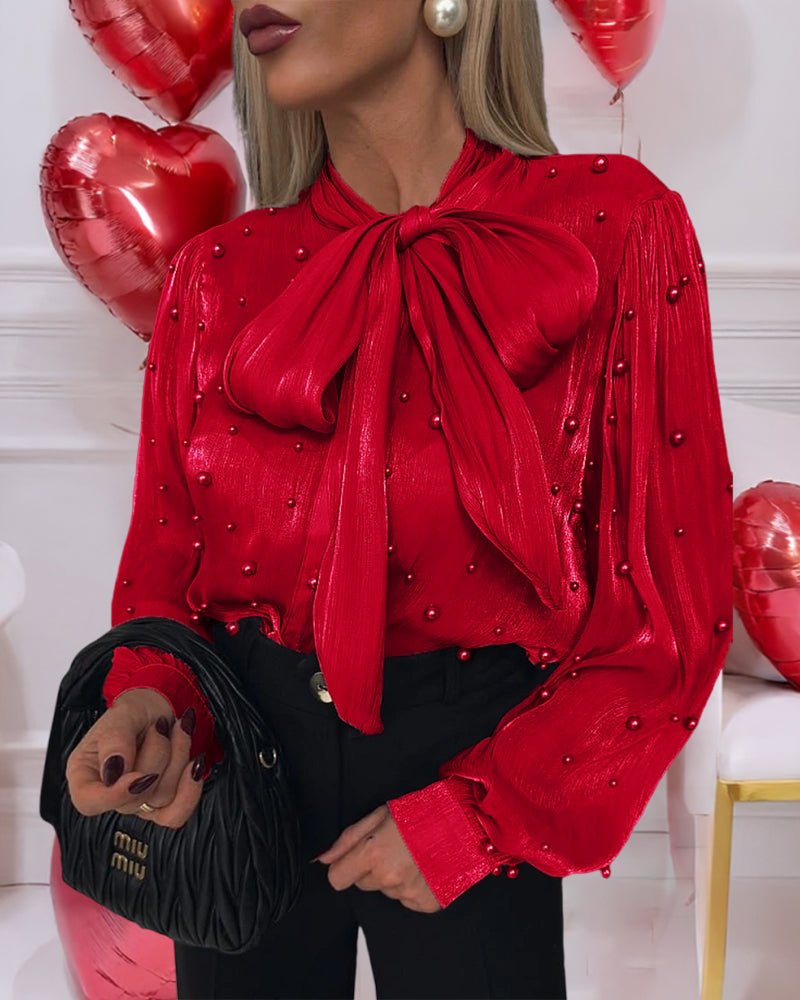 Tie Neck Beaded Long Sleeve Tied Detail Blouses Casual Shirts