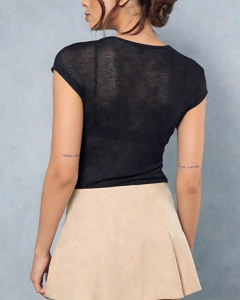 Round Neck Cap Sleeve Semi-Sheer Minimalist Slim Fit Top