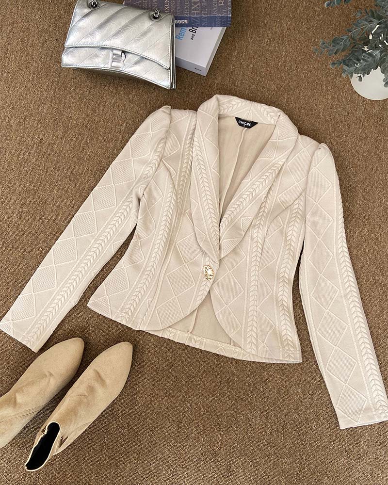 Damen-Kurzjacke mit Schalkragen, Argyle-Zopfmuster, strukturierter Slim-Fit-Blazer, elegante einreihige Business-Oberbekleidung