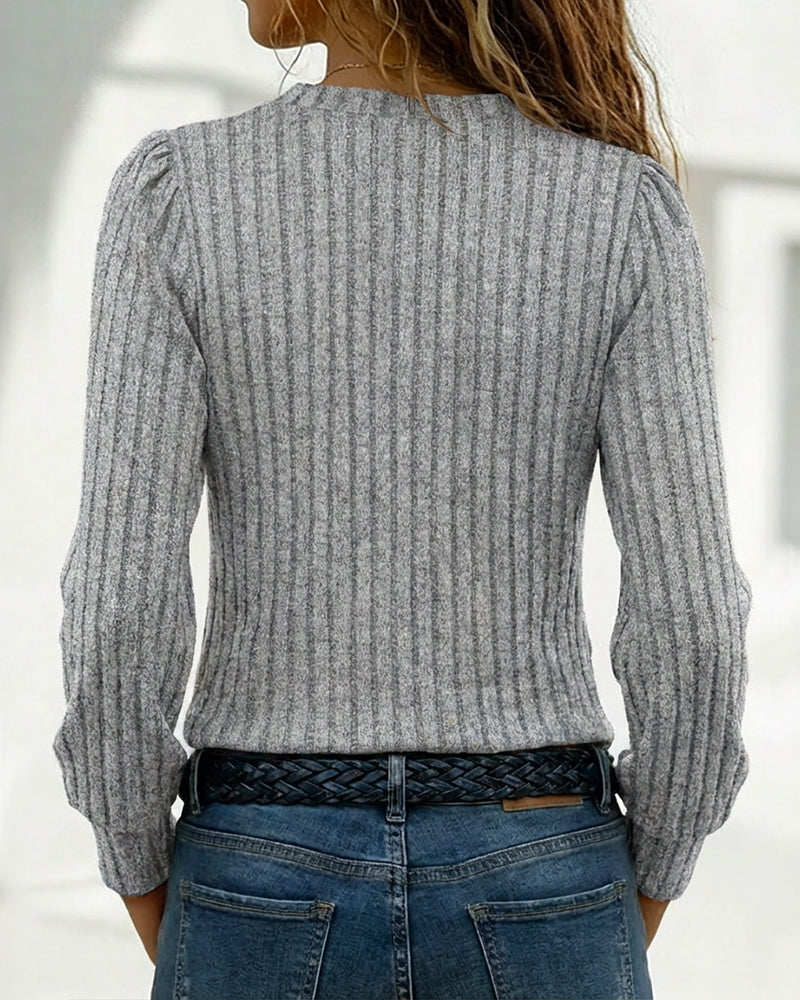 Button Decor Asymmetrical V-Neck Long Sleeve Ribbed Tee Casual Knit Brushed Top