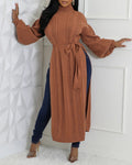 Cable Textured High Neck Lantern Sleeve Bow Tie Waist Sweater Casual High Slit Knit Longline Top