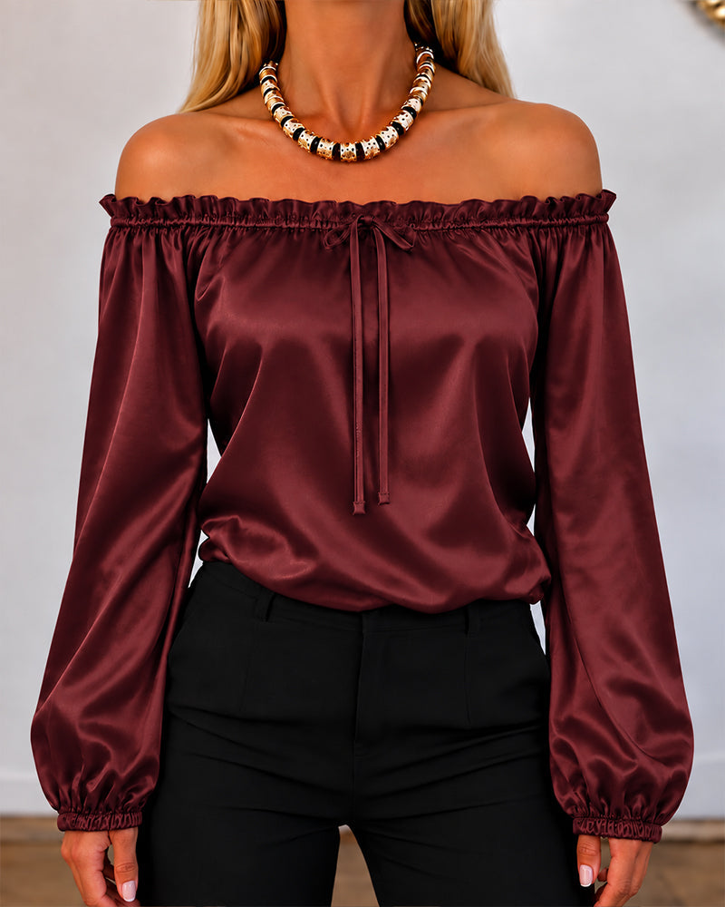 Women's Off Shoulder Satin Frill Trim Tie Front Lantern Sleeve Top