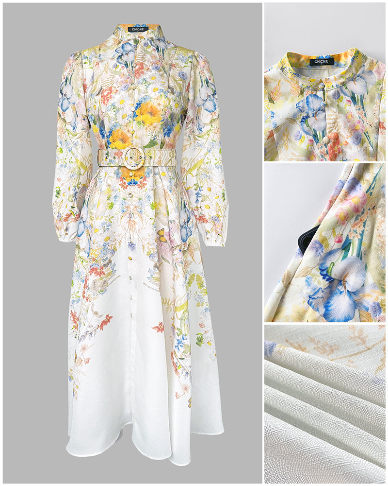 French Style Floral Print Stand Collar Lantern Sleeve Button Down Evening Dress Cinched Waist Vacation Dress with Belt