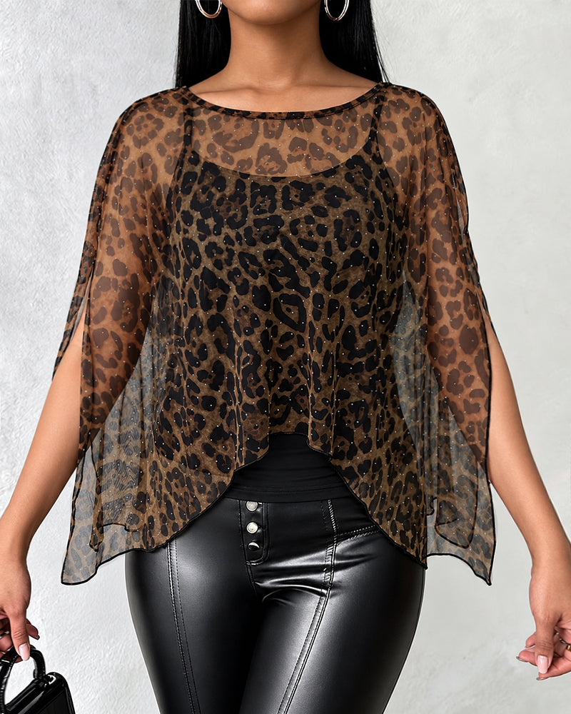 Women's 2 Piece Set Leopard Print Rhinestone Sheer Mesh Loose Cape with Cami Top