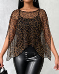 Women's 2 Piece Set Leopard Print Rhinestone Sheer Mesh Loose Cape with Cami Top
