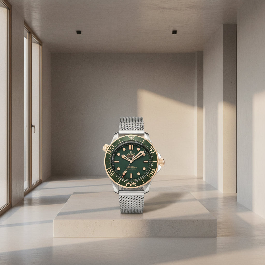 Omega Seamaster Diver 300M – Steel Yellow Gold Green Ceramic Bezel Green Dial Mesh Bracelet 007 Edition