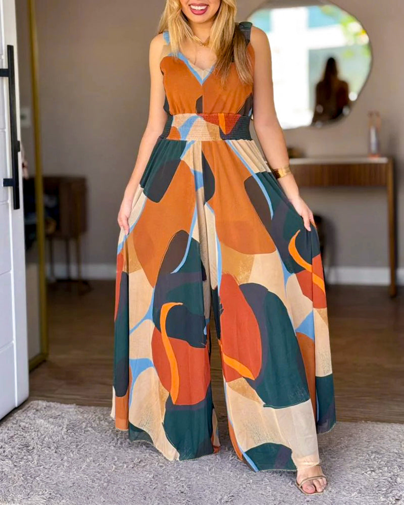 Abstrakter Druck V-Ausschnitt Dehnbare breite Träger Hohe Taille Rückenfrei Overall Lässiger geraffter Taillenbund Weites Bein Jumpsuit