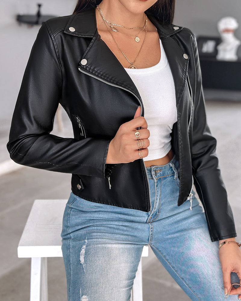 Bikerjacke aus PU-Leder mit Reverskragen und Reißverschluss-Design