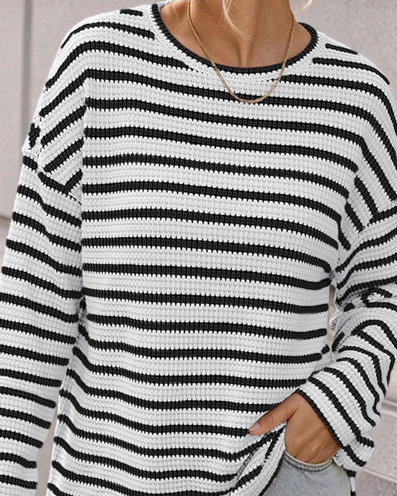 Women's Striped Textured Knit Long Sleeve T-Shirt Casual Side Slit Loose Fit Top