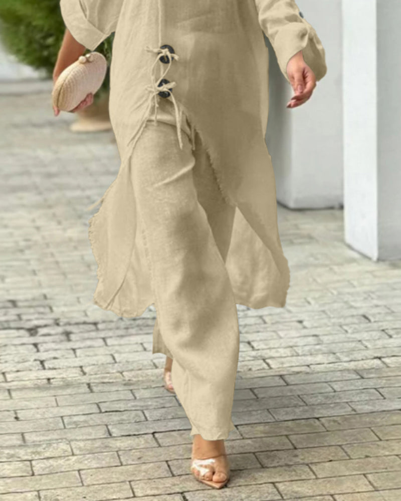 2 Pieces Outfit Button Decor One Shoulder Turn-Up Sleeves Slit Raw Edges Top and Casual Drawstring Elastic Waist Wide Leg Pants Set