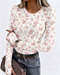 Women's Ditsy Floral Print Crew Neck Long Sleeve Slim Fit Top with Thumbholes
