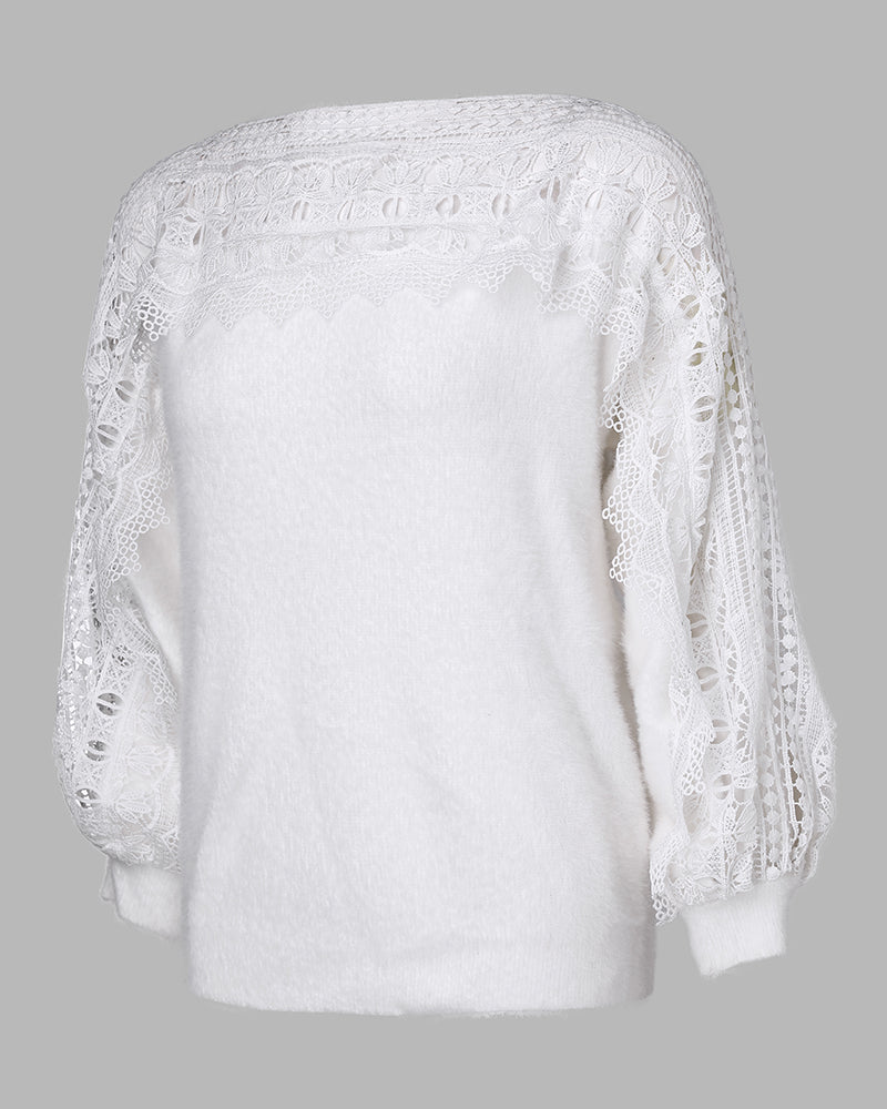 Crewneck Guipure Lace Long Sleeve Hollow Out Knit Sweaters Pullover Tops