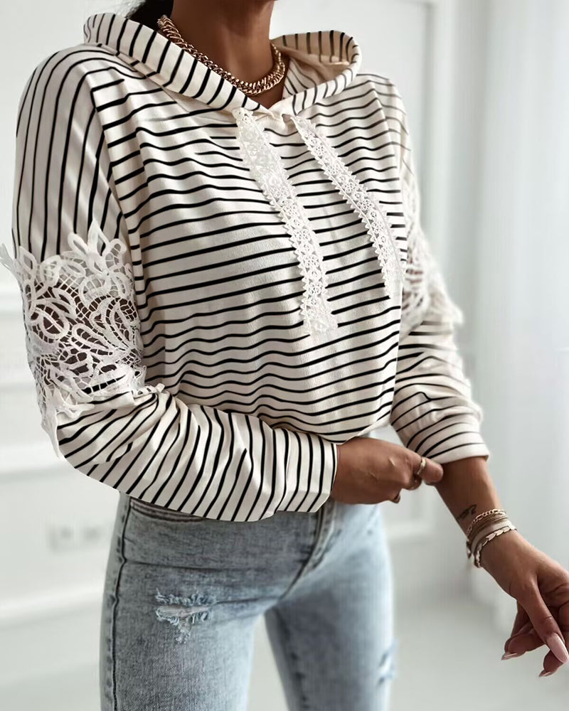 Striped Contrast Floral Lace Patchwork Long Sleeve Pullover Casual Lace Drawstring Hoodie Sweatshirt