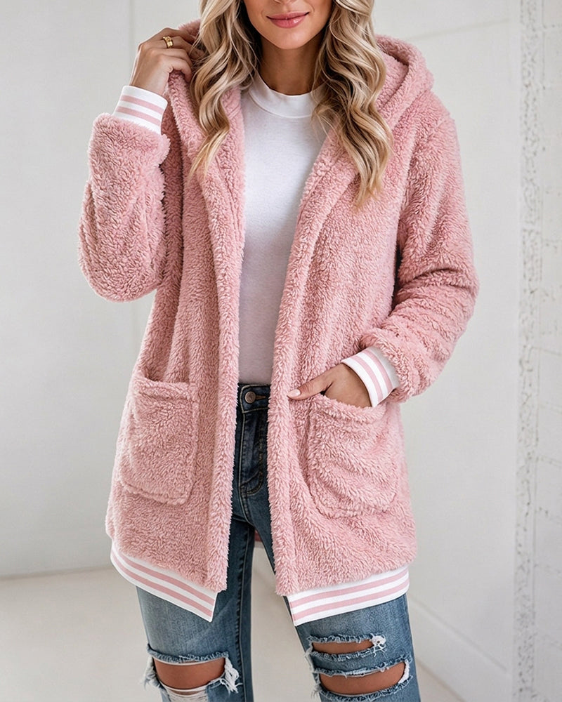Damen-Sherpa-Fleece-Kapuzenjacke mit offener Front, gestreiftem Besatz und flauschigem Obermaterial