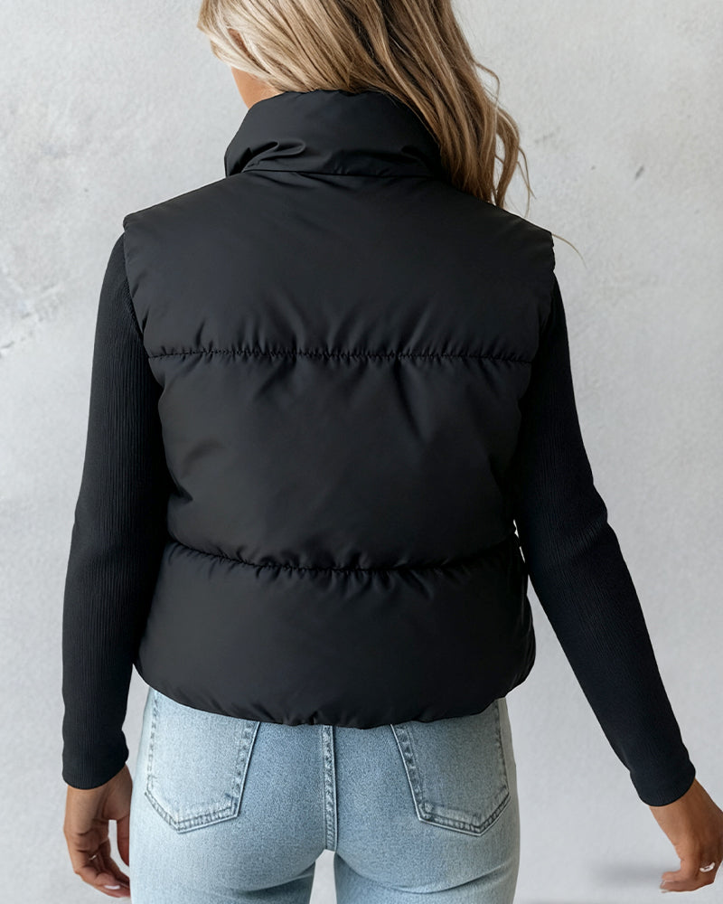 Stand Collar Sleeveless Zip Up Drawstring Hem Vest Casual Two-Way Reversible Ladies Warm Winter Padded Coat