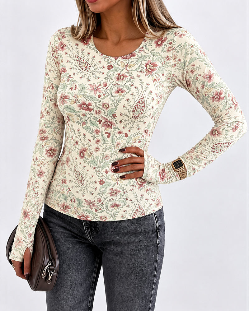 Women's Vintage Floral Print Long Sleeve Top Slim Fit Tee with Thumb Holes