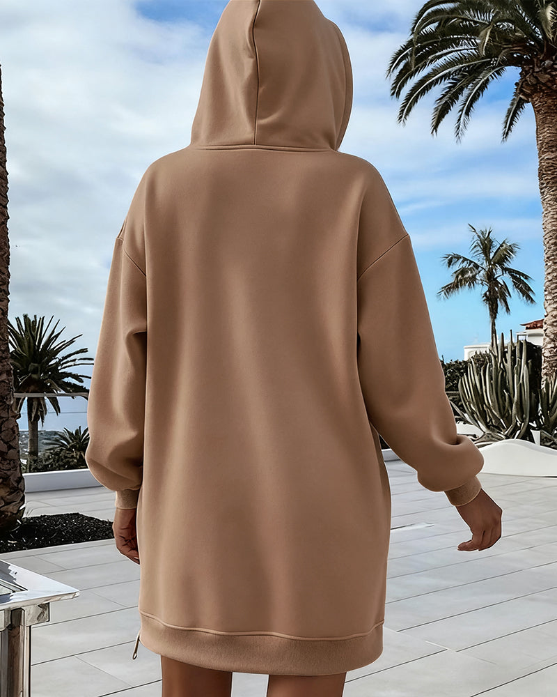 Long Sleeve Kangaroo Pocket Design Zipper Side Pullover Sweatshirt Casual Faux Two Piece Side Slit Longline Drawstring Hoodie Top