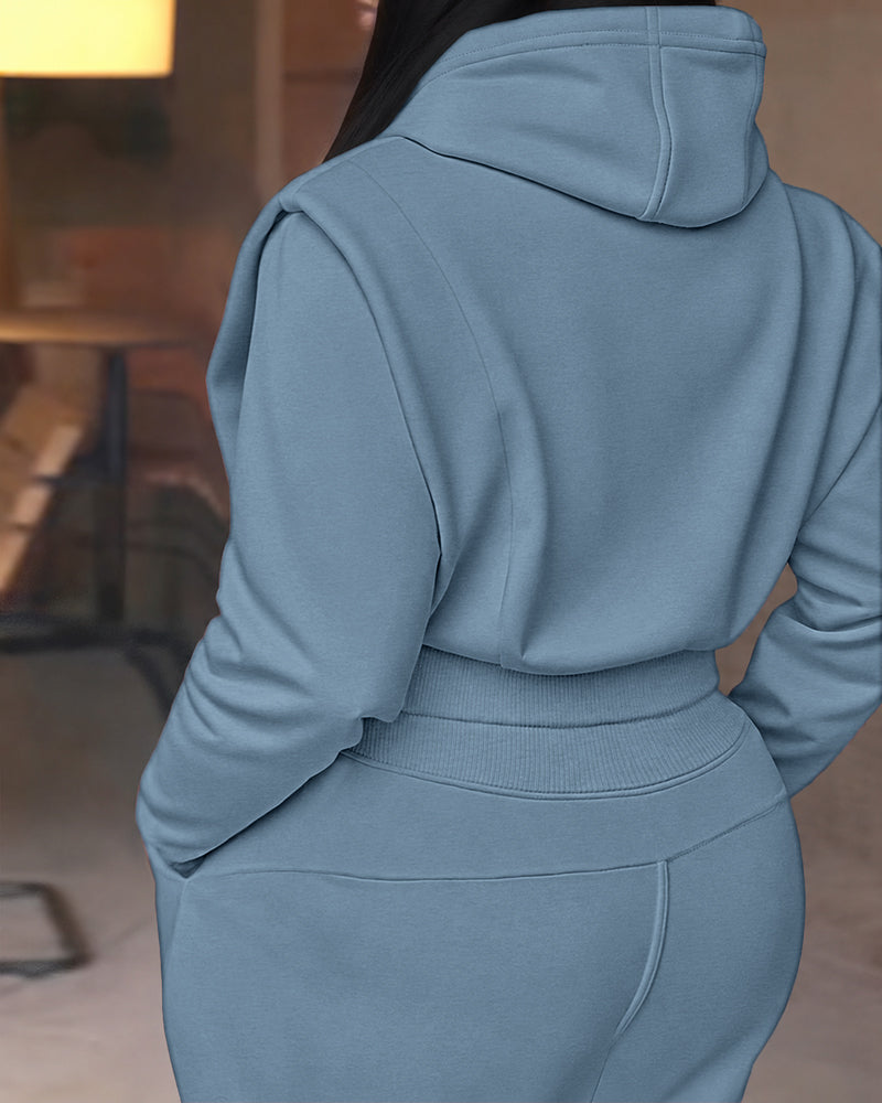 2 Pieces Outfit Long Sleeve Crop Drawstring Hoodie Sweatshirt with Thumb Hole Cuffs and Casual Drawstring Elastic Waist Wide Leg Sweatpants Set