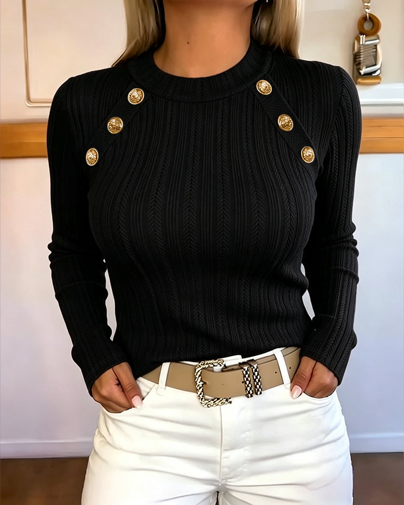 Women's Gold Button Crew Neck Textured Knit Long Sleeve Top