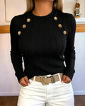 Women's Gold Button Crew Neck Textured Knit Long Sleeve Top