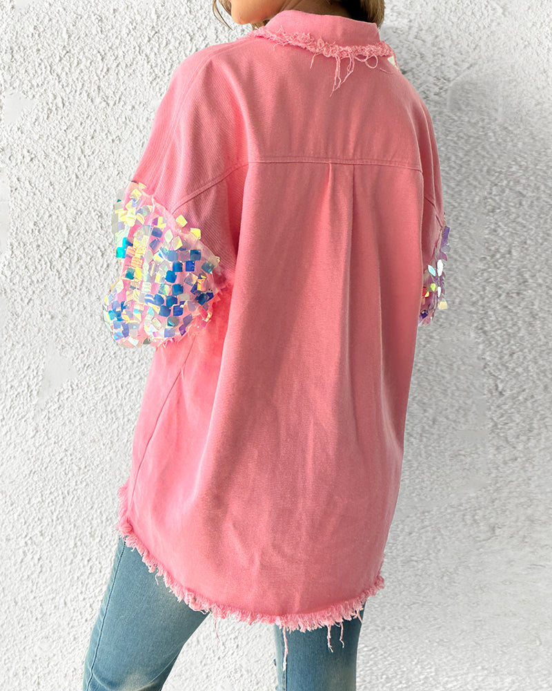Contrast Sequin Long Sleeve Jacket Top Button Front Raw Hem Loose Fit Shacket