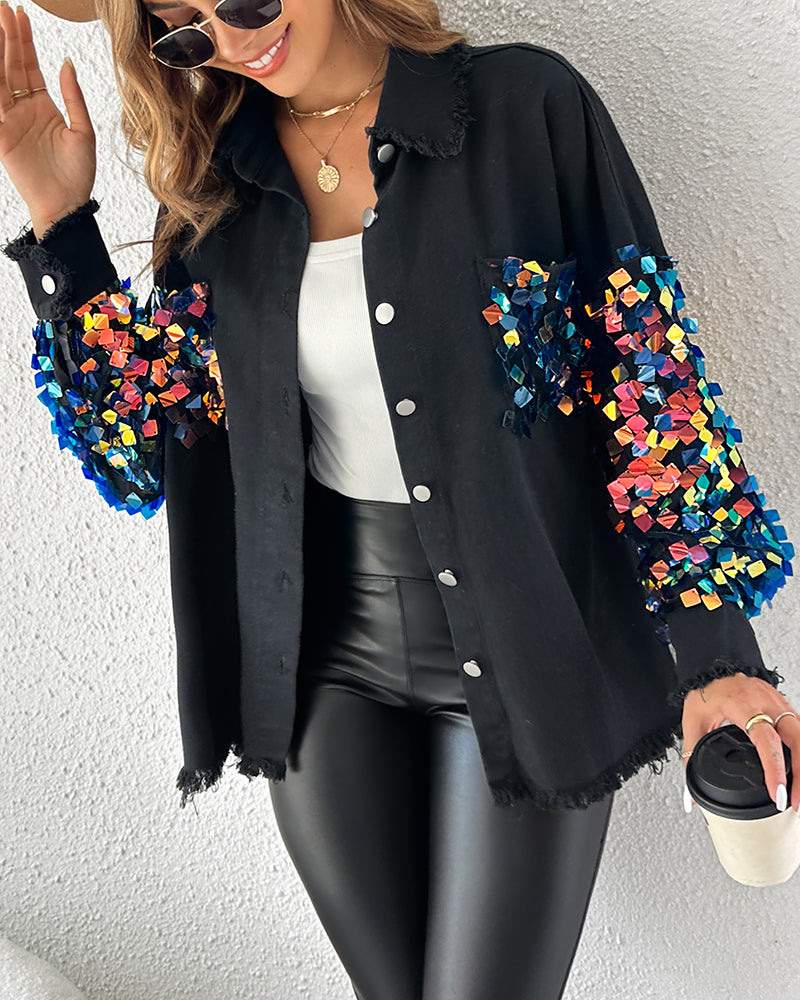 Contrast Sequin Long Sleeve Jacket Top Button Front Raw Hem Loose Fit Shacket