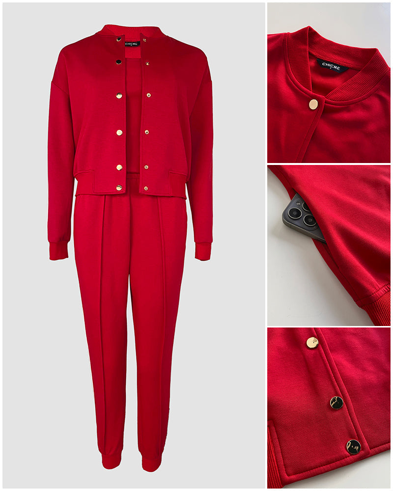 3 Pieces Outfit Snap Buttons Front Coat and Elastic Waist Seam Front Stretchy Cuffs Pants Set with Tank Top Casual Contrast Side Striped Tracksuit