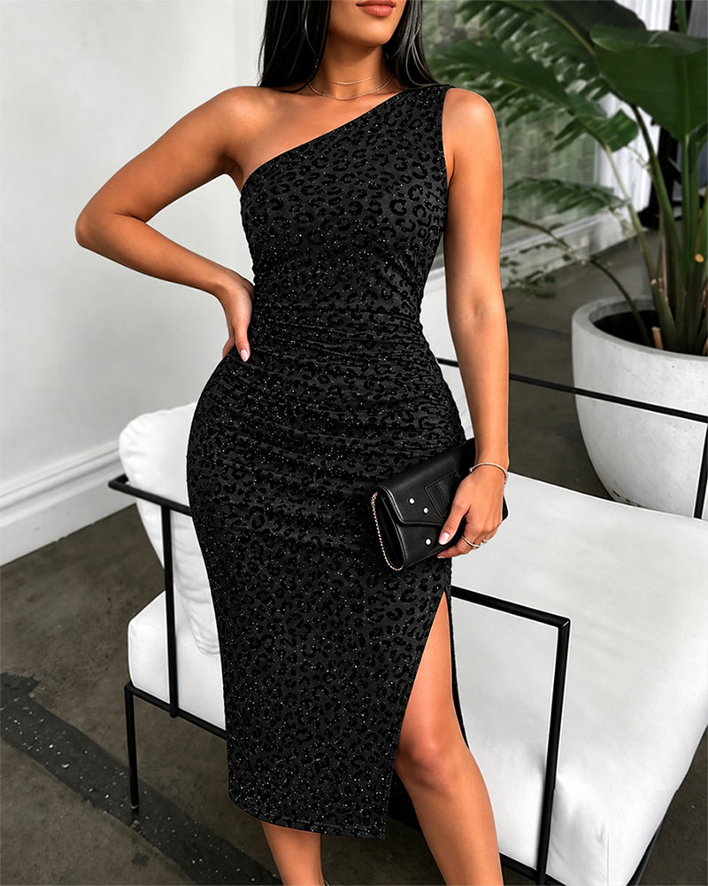 Women's One Shoulder Glitter Flocked Leopard Midi Dress Ruched Bodycon Dress Slit Party Dress