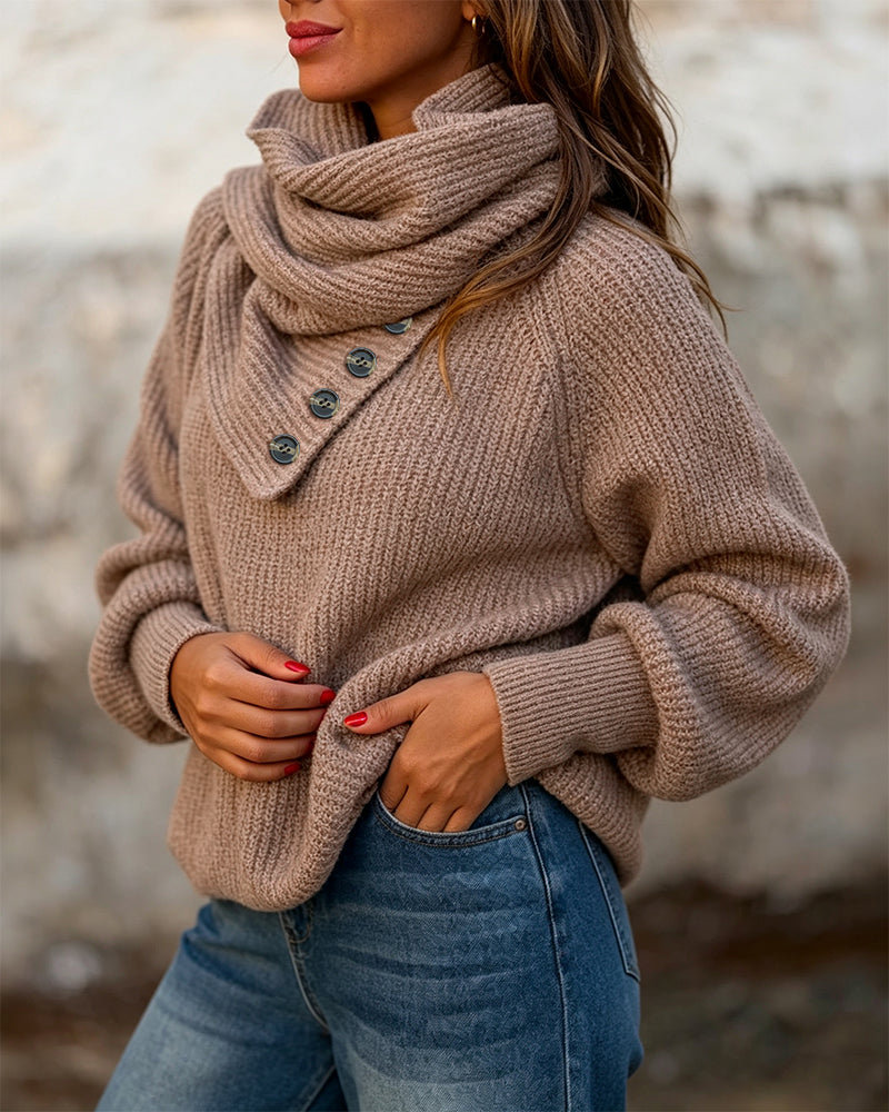 Women's Wrap-Style Cowl Collar Knit Sweater Casual Pullover