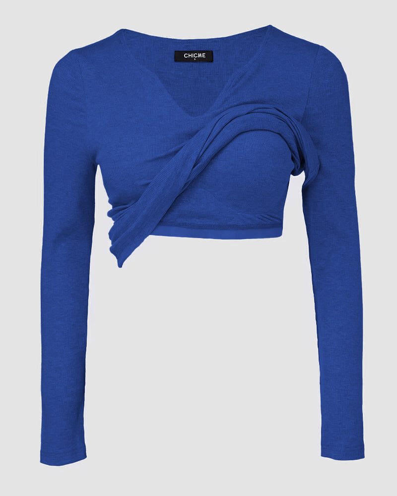 Chicme Built In Bra Notch Neck Long Sleeve Shirts Rib Knit Ruched Waist Top