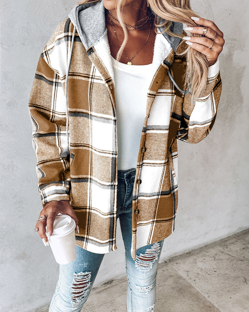 Karierte Langarm-Hemdjacke mit Knopfleiste, fleecegefütterte Kapuzenjacke, warmer Mantel