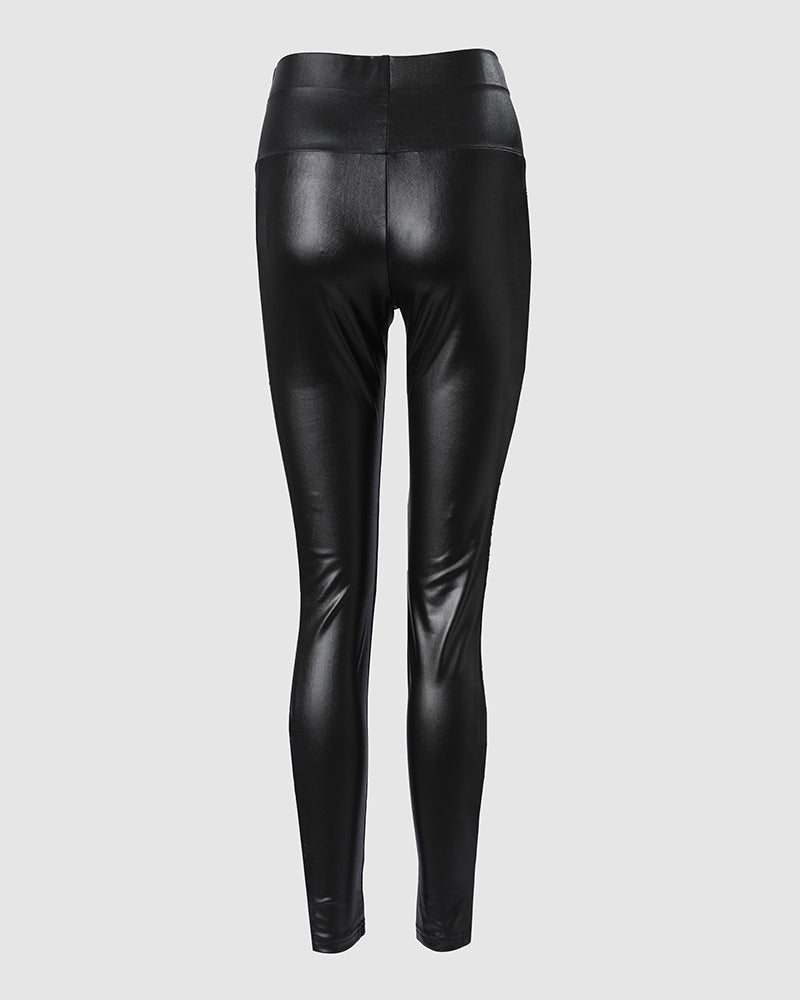 Rhinestone Contrast Mesh High Waist Skinny Pants Sexy Slim Fit Pu Leather Pants
