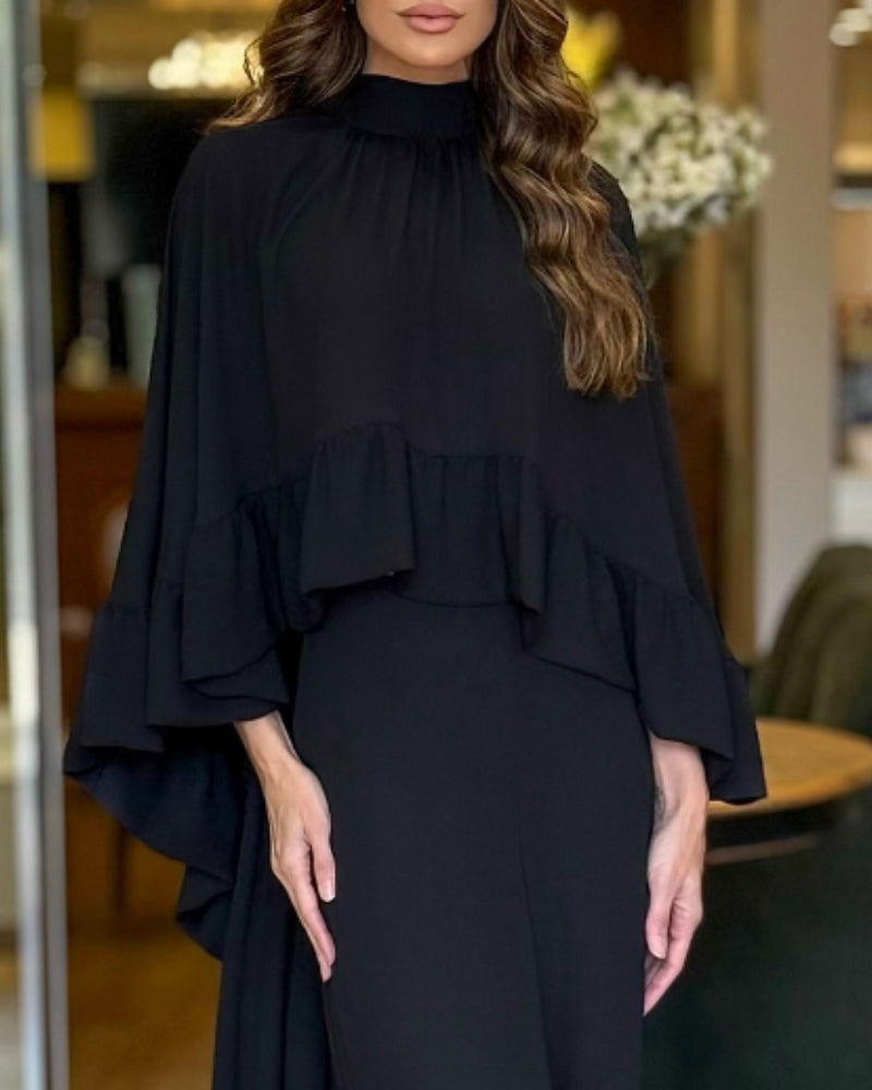 2 Pieces Outfit High Neck Hollow-out Back Ruffles High-Low Hem Cape and Casual Elastic Back Waist Wide Leg Pants Set