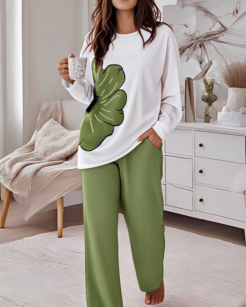 2 Pieces Outfit Floral Placement Print Long Sleeve Drop Shoulder Top and Elastic Waist Pants Set Causal Pajamas Set