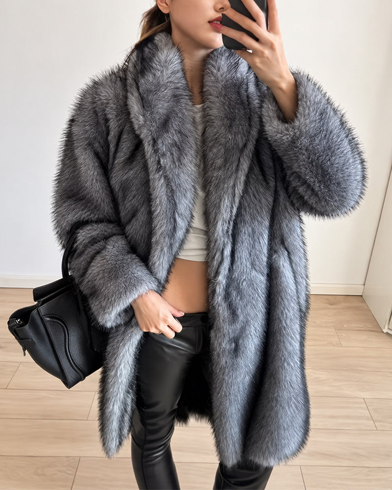 Women's Lapel Collar Loose Longline Faux Fur Coat Open Front Vintage Fluffy Overcoat