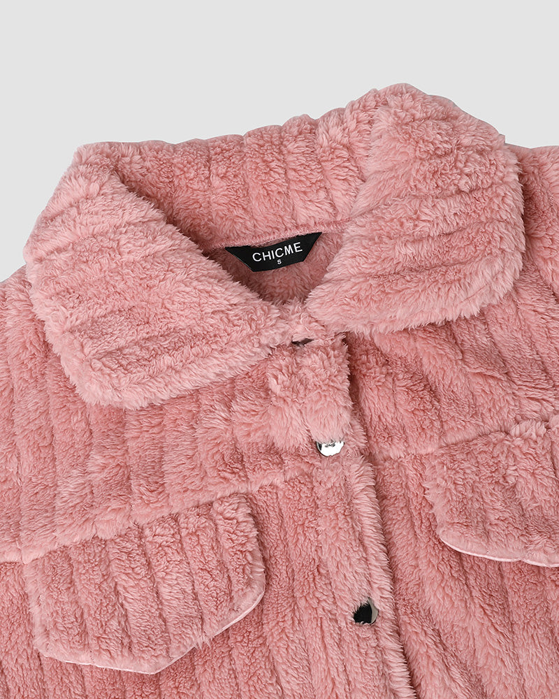 Textured Striped Turn-down Collar Button Front Elastic Cuff and Hem Teddy Fleece Jacket With Decorative Flap Pockets